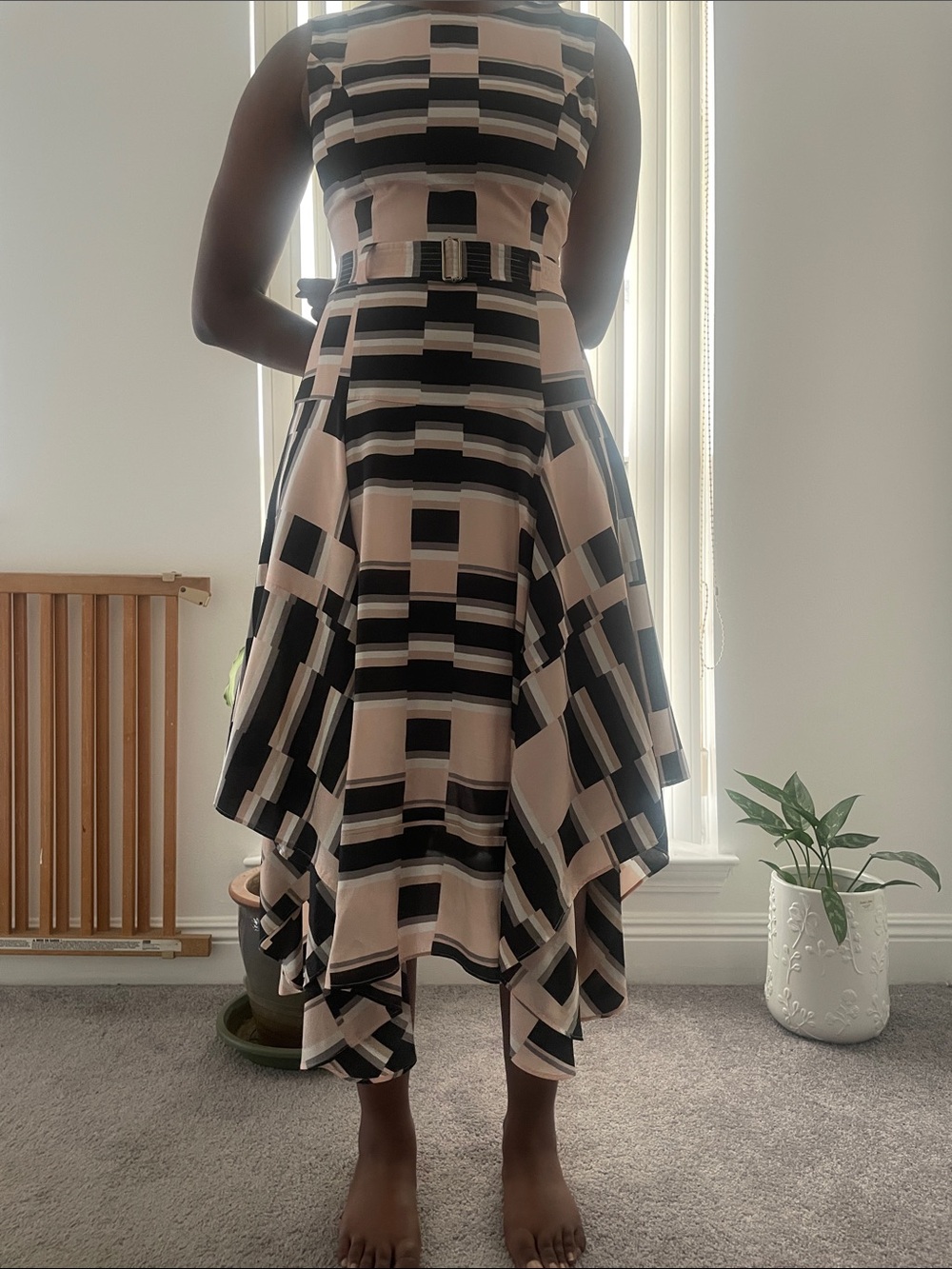 Calvin Klein Pink & Black Geometric handkerchief style Midi Dress